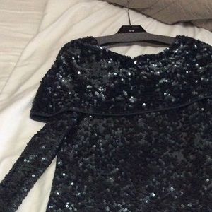 DONNA KAREN Black Cashmere Sequin Shoulder Dress